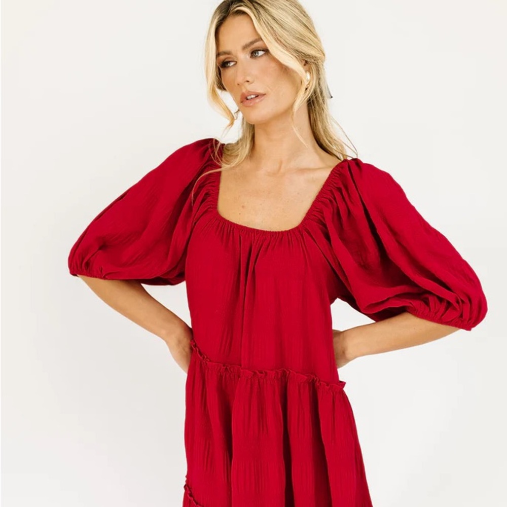 Zoco Daymaker Crimson Red Tiered Maxi Dress with Puff Sleeves